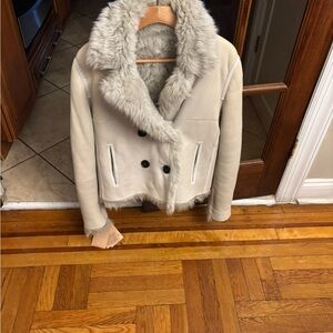 Yves Salomon Cream Leather Jacket with Faux Fur Collar